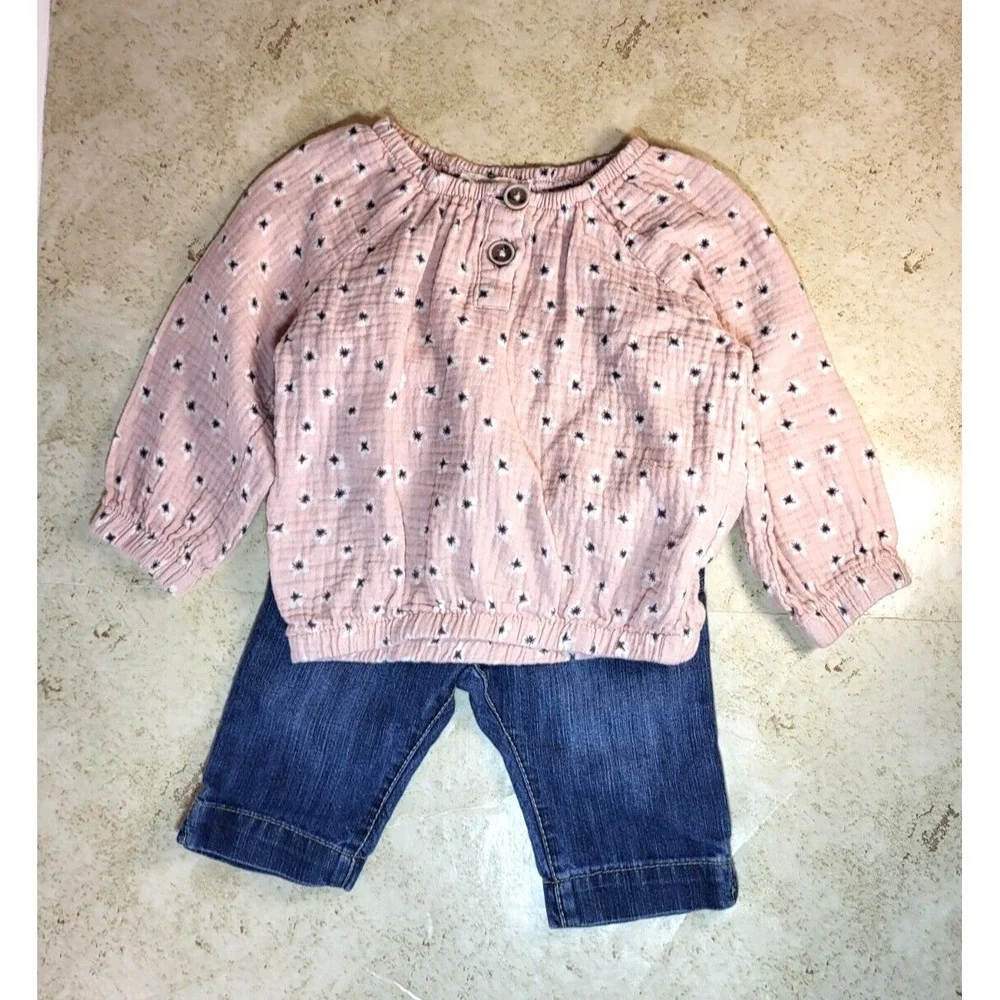 Jessica Simpson Pink Gauze Long Sleeve Top Old Navy Blue Jean Zipper Button 18M